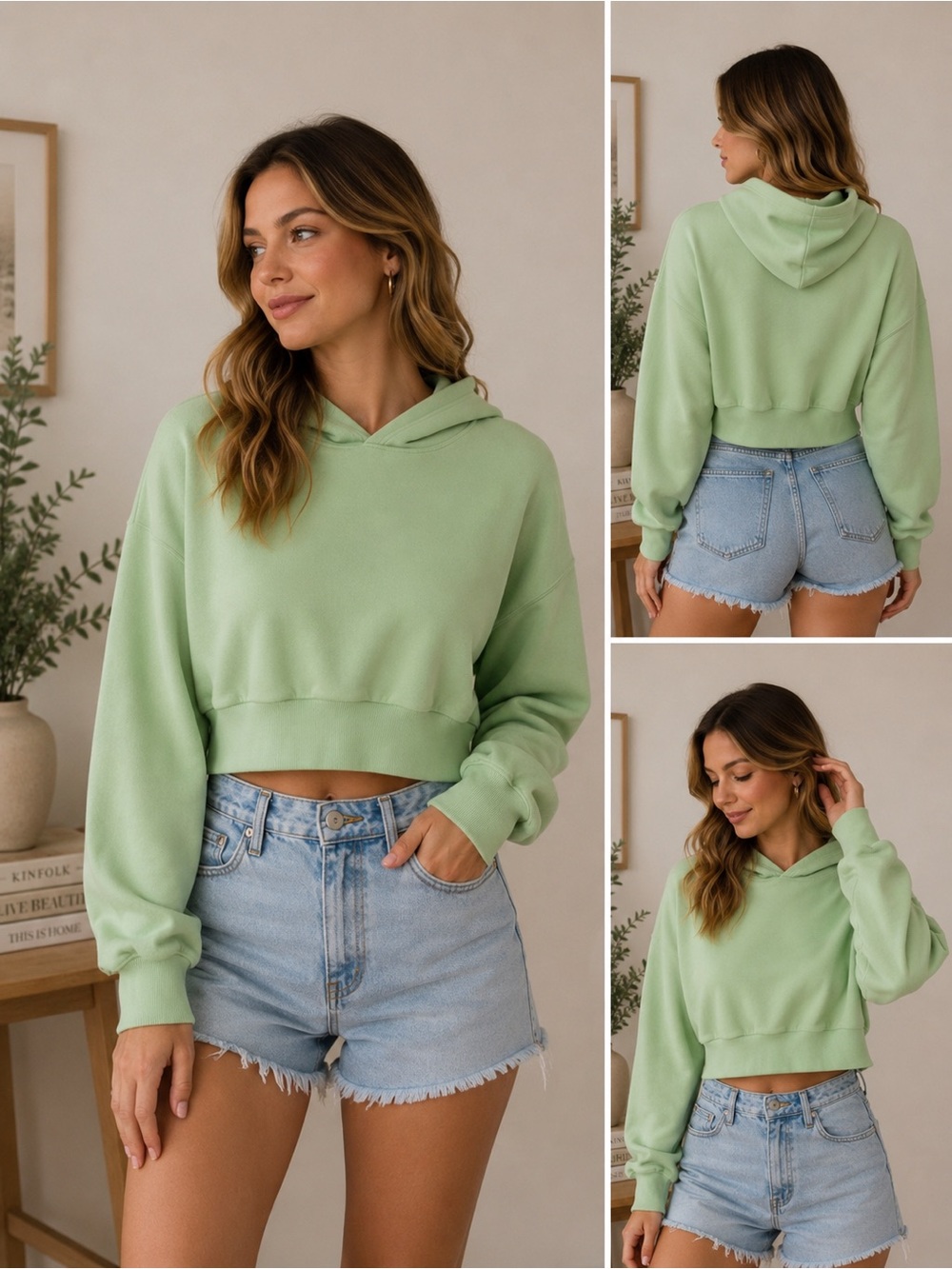Aritzia TNA CozyAF Fleece Cropped Hoodie – Light Pistachio Green Size L